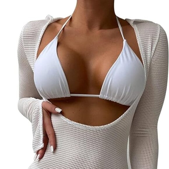 Sexy Long Sleeve Mesh Swimsuit 3 Pieces Cover Up Bikini Set - Picture 4 of 5